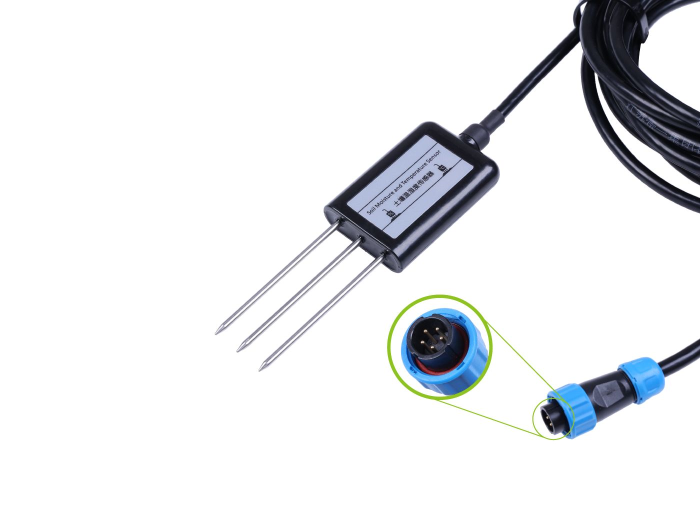 Industrial Soil Moisture & Temperature Sensor MODBUS-RTU RS485, 0-2V Analog Voltage (S-Soil MT-02B), with waterproof aviation connector connected hardware additional product view